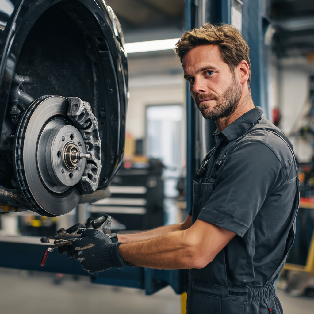 worn brake pads and rotors close up