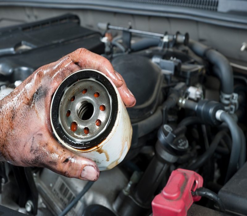 Auto mechanic holding oil filter