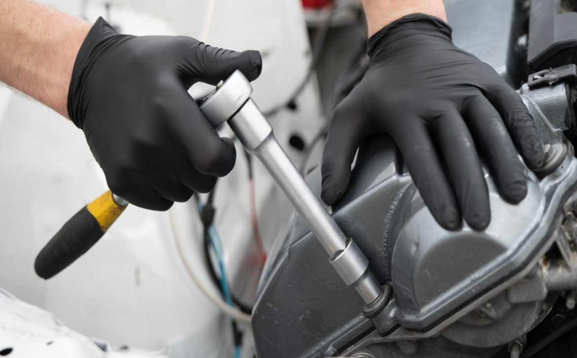 Car mechanic works on an engine, using a ratchet tool to remove the valve cover
